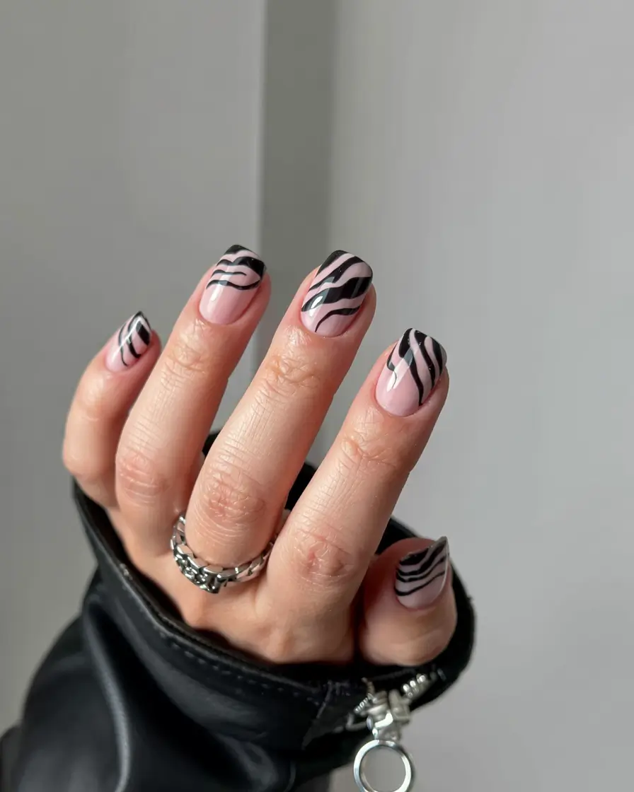 fall black nail designs 2025 Zebra-Inspired Short Nails