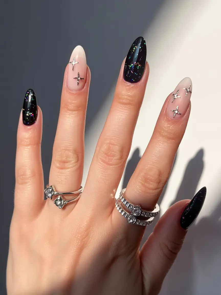 fall black nail designs 2025 Galaxy Sparkle with Star Accents