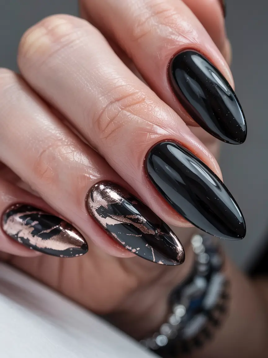 fall black nail designs 2025 Black with Rose Gold Foil