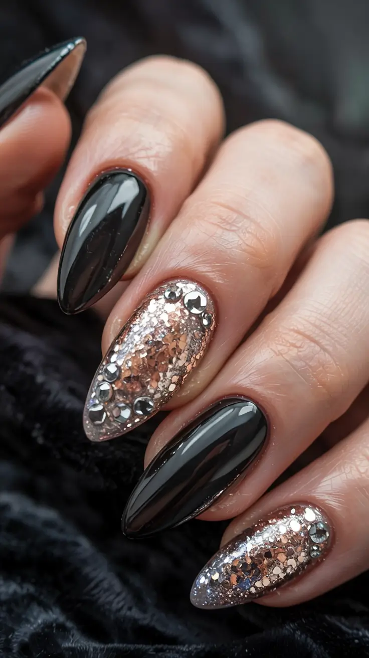 fall black nail designs 2025 Black and Glittering Statement Nails