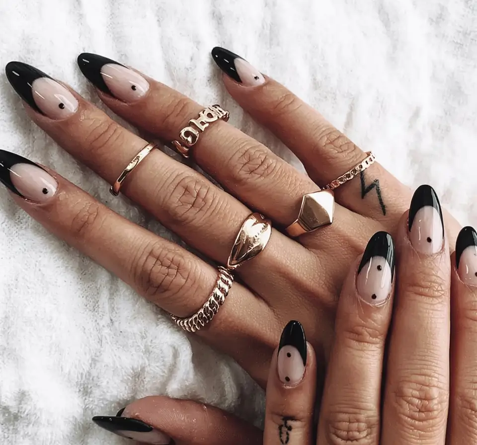 fall black nail designs 2025 French Tips with Graphic Dots