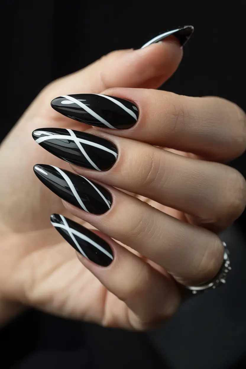 fall black nail designs 2025 Crisscross White Lines on Black