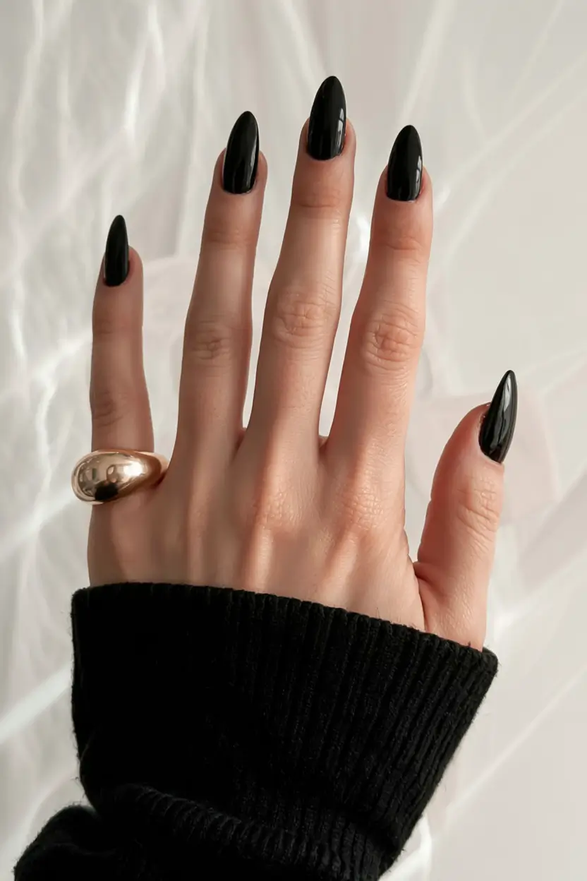 fall black nail designs 2025 Classic Glossy Black Almonds