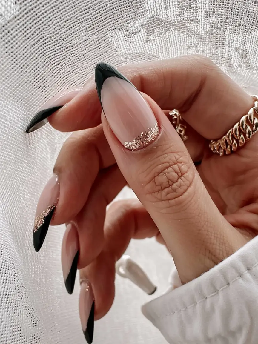 fall black nail designs 2025 French Tips with Gold Sparkle