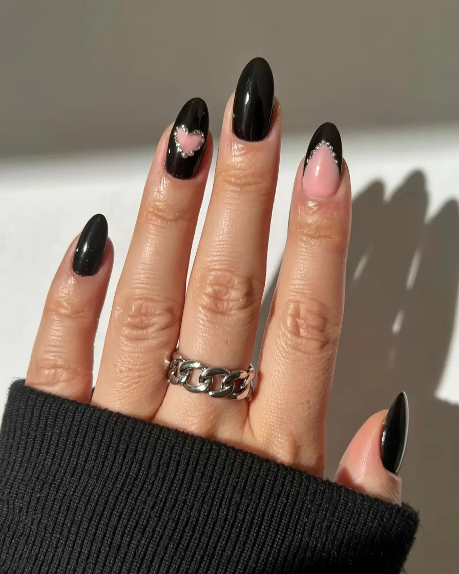 fall black nail designs 2025 Romantic Black with Heart Accents