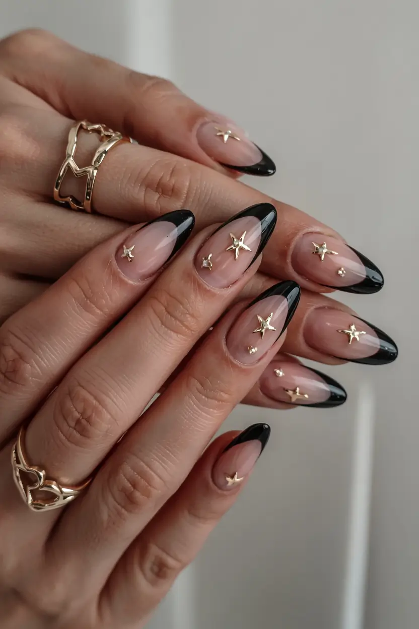 fall black nail designs 2025 French Tips with Starry Embellishments