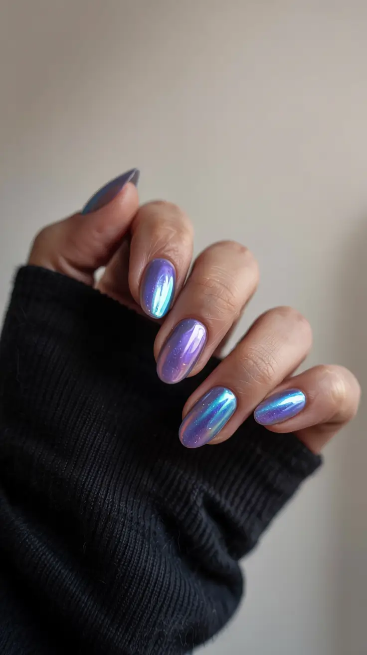 fall chrome nails 2025 Holographic Lilac Shine