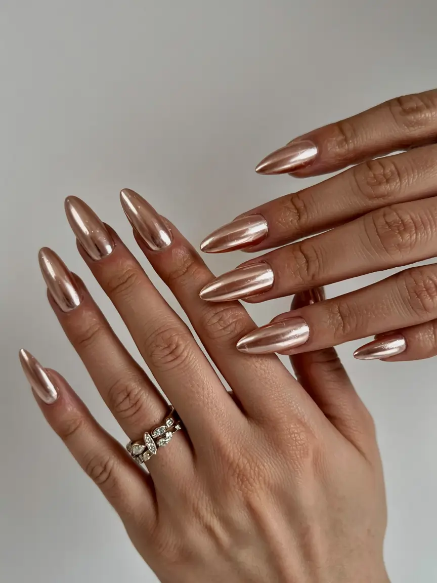 fall chrome nails 2025 Rose Chrome Stiletto