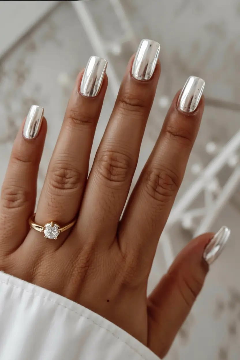 fall chrome nails 2025 Polished Silver with a Mirror Finish