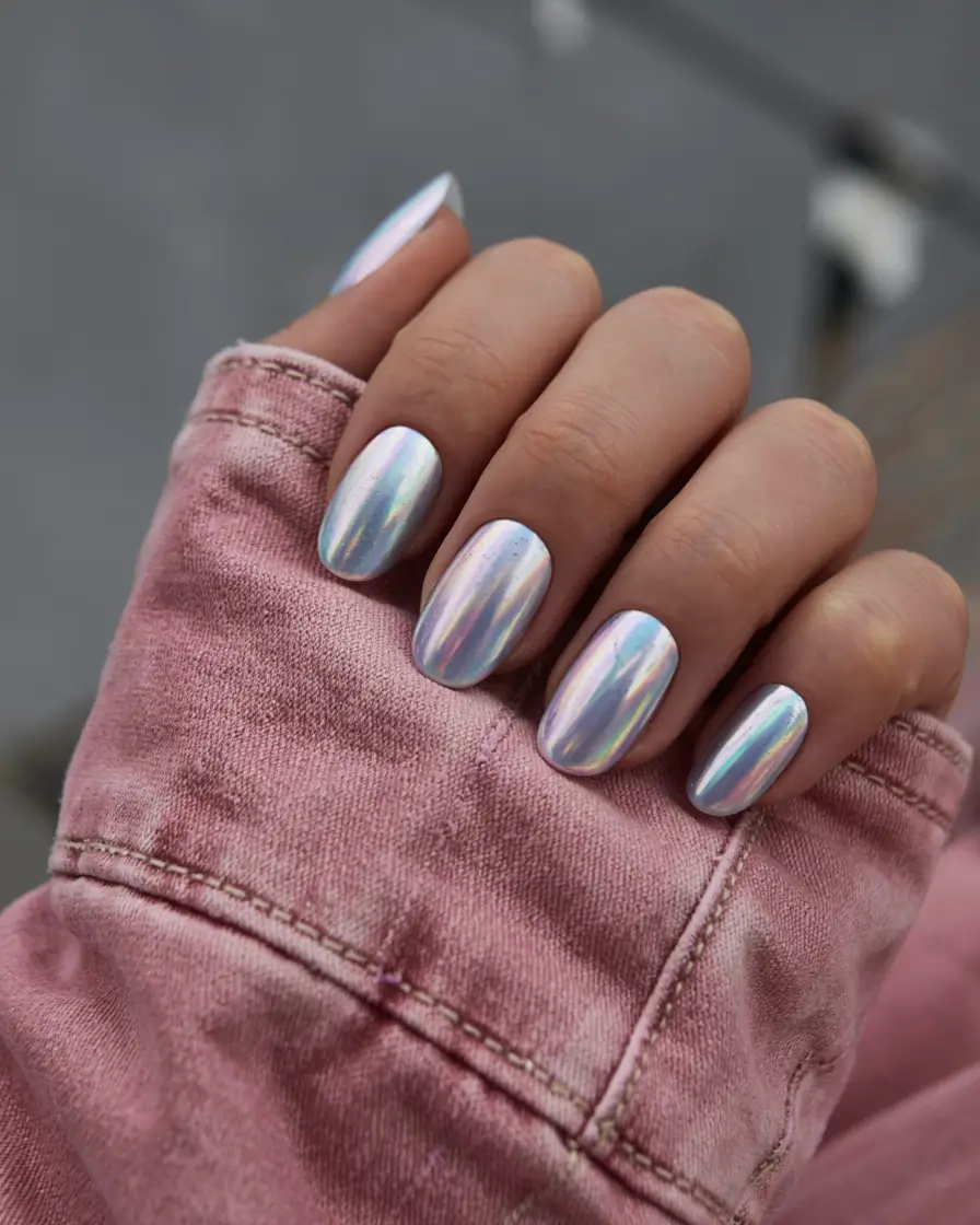 fall chrome nails 2025 Icy Holographic Reflections