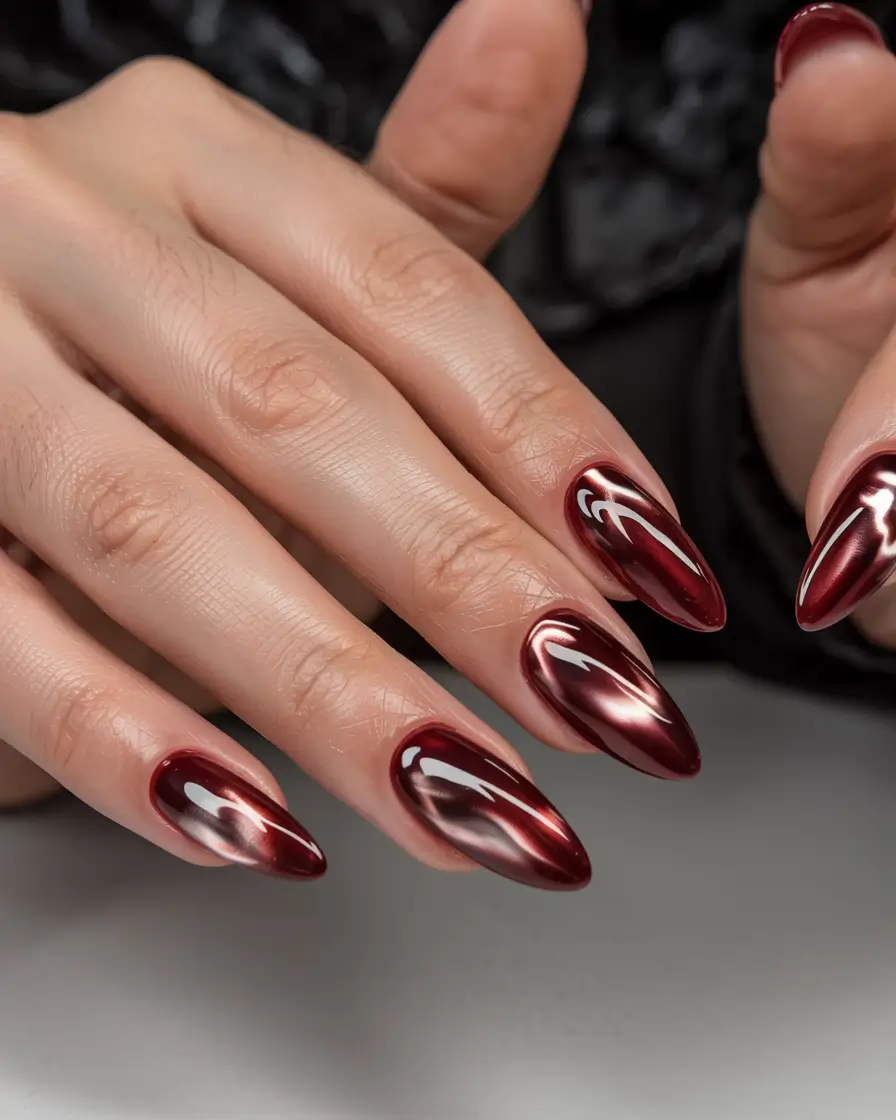 fall chrome nails 2025 Crimson Chrome Drama