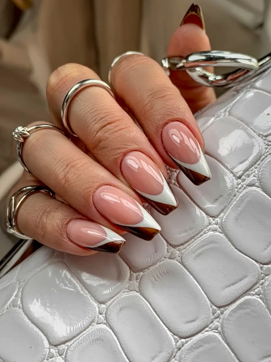 fall coffin nail ideas 2025 Toasted Mocha French Tips