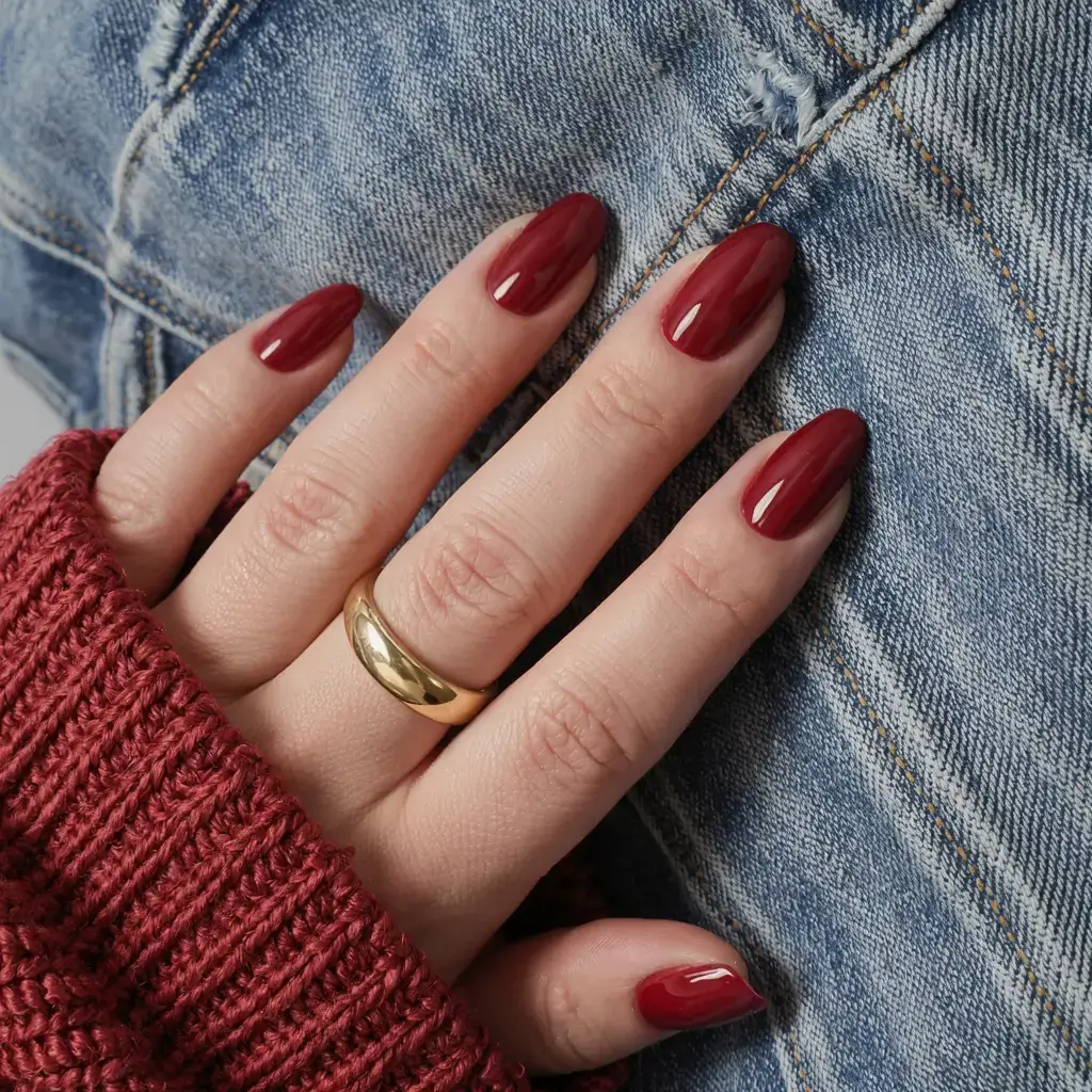 fall color nails: trendy shades 2025 Wine-Stained Denim