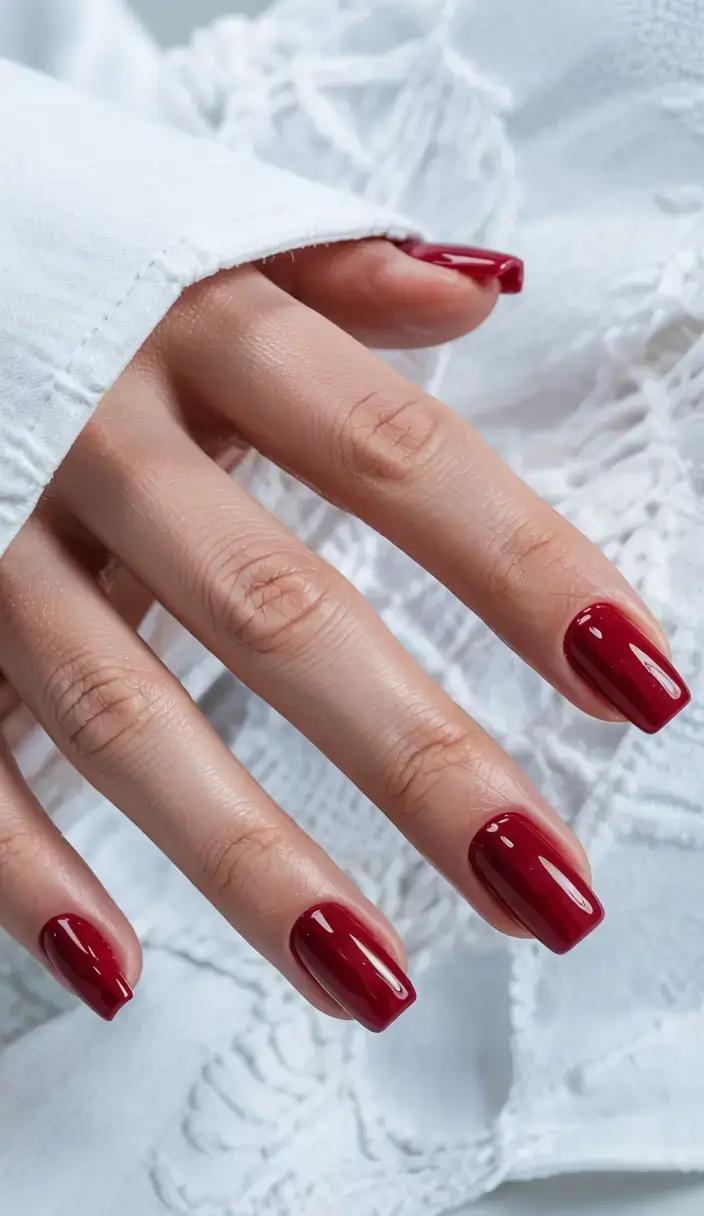 fall color nails: trendy shades 2025 Crimson Cherry Square