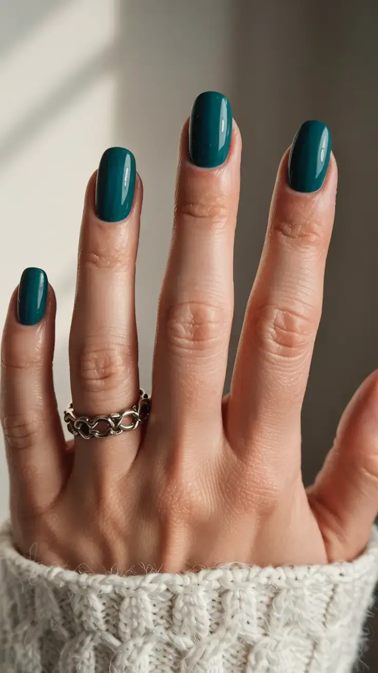 fall color nails: trendy shades 2025 Teal Sweater Season