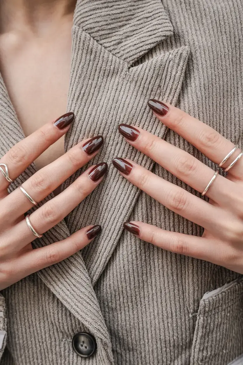 fall color nails: trendy shades 2025 Polished Garnet Drama