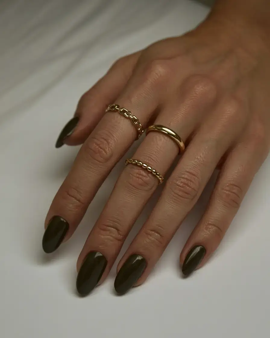 fall color nails: trendy shades 2025 Dark Olive: Moody but Elegant