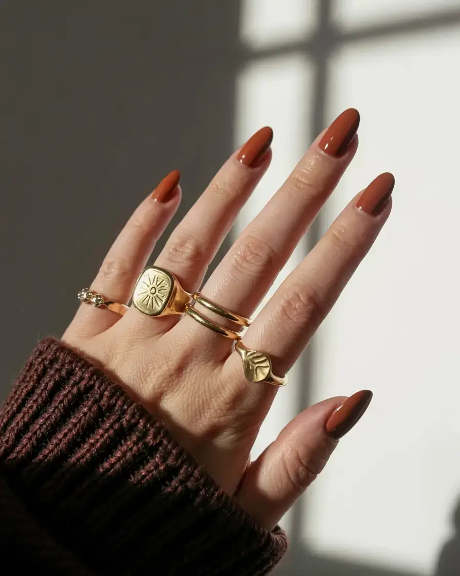fall color nails: trendy shades 2025 Terracotta Burnt Orange: A Warm Embrace