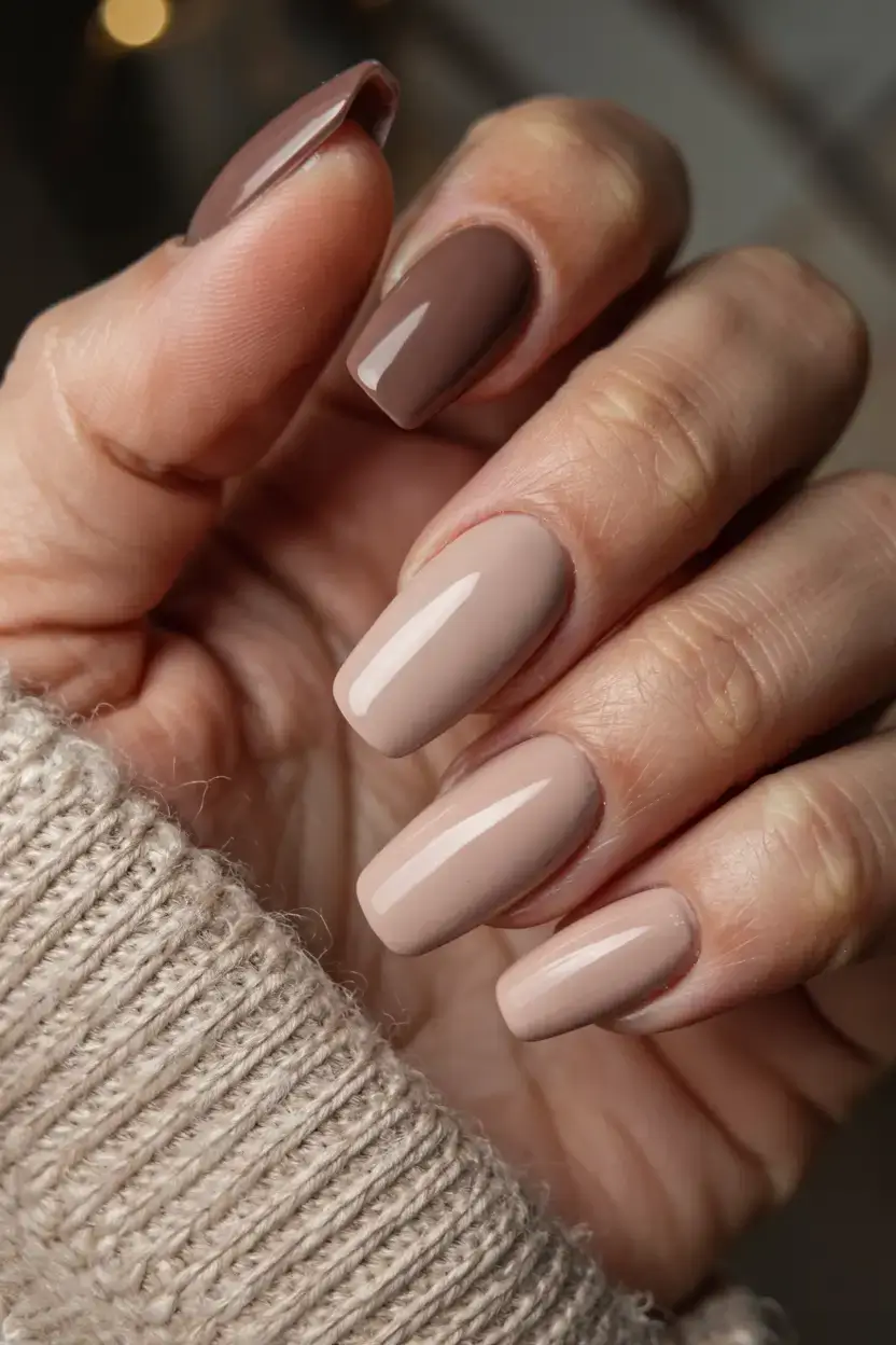 fall color nails: trendy shades 2025 Soft Taupe Gradient