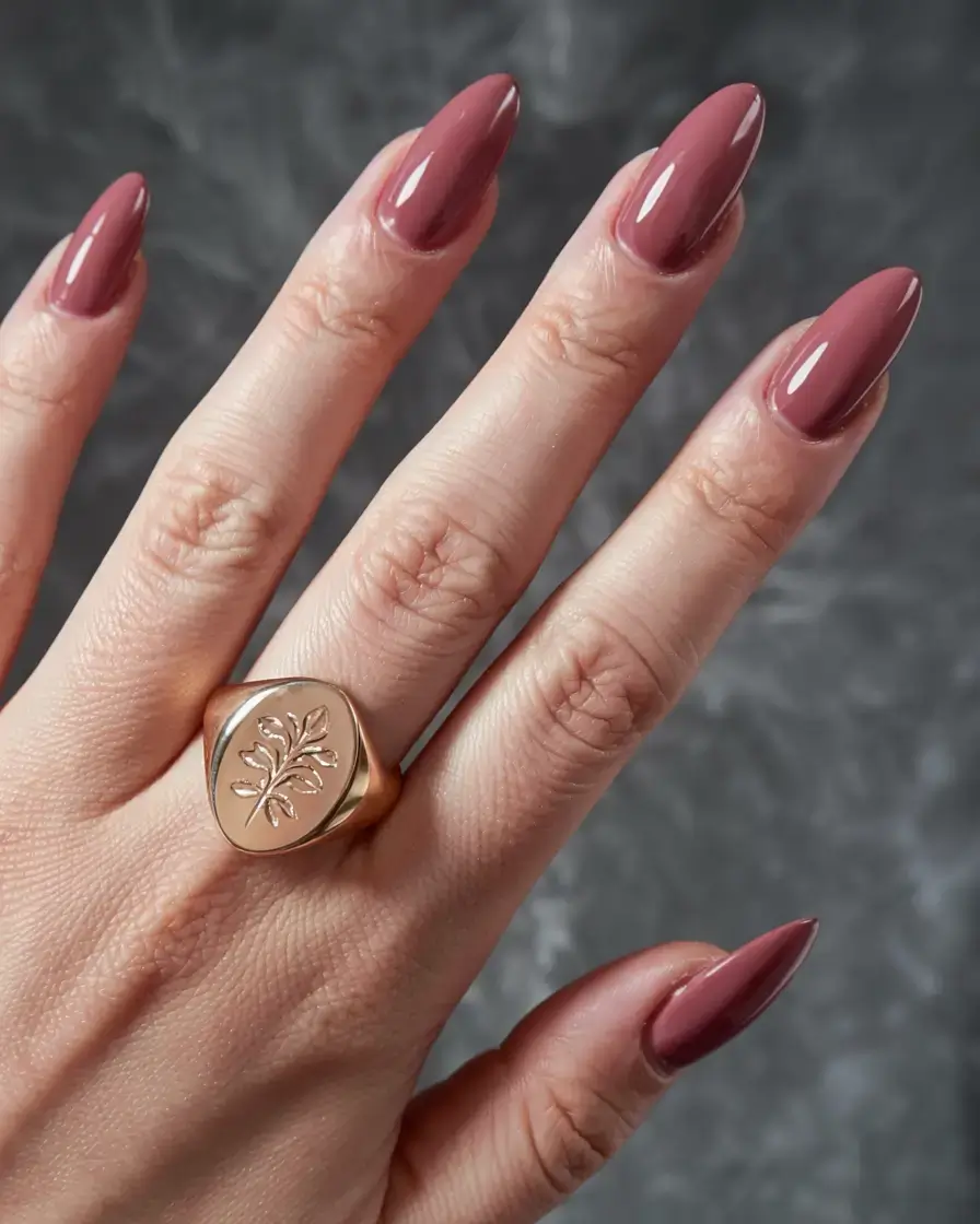 fall color nails: trendy shades 2025 Vintage Rosewood Almond