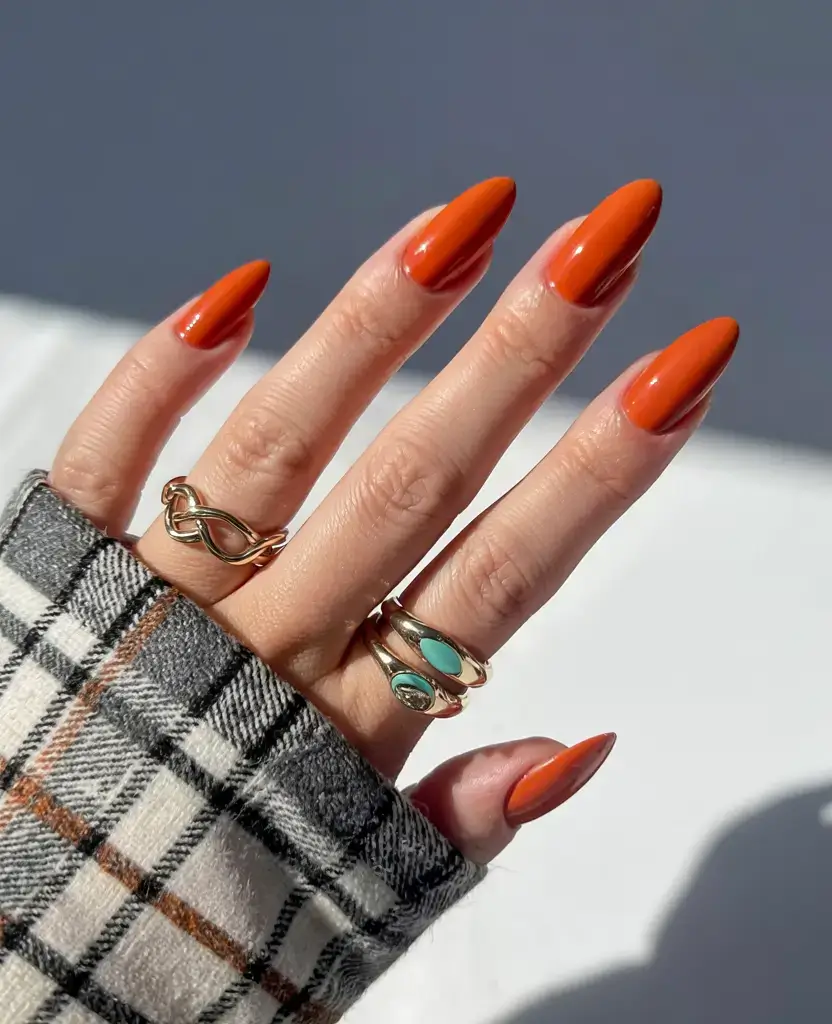 fall color nails: trendy shades 2025 Burnt Mandarin Bold