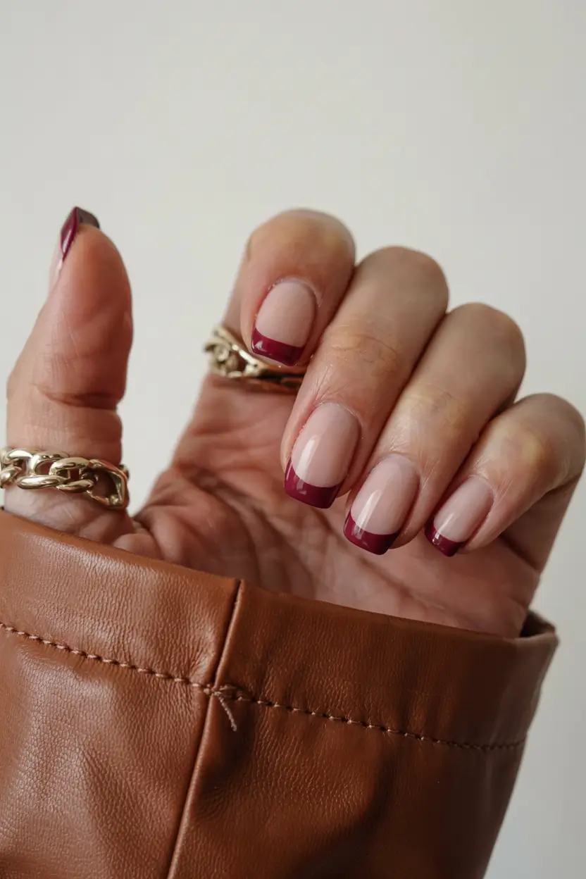 fall french tip nails 2025 Wine-Dipped Minimalism