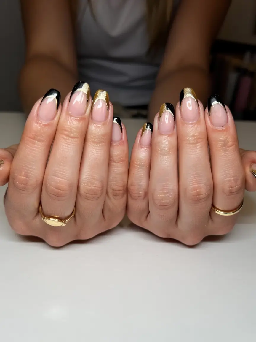 fall french tip nails 2025 Midnight & Gold Luxe