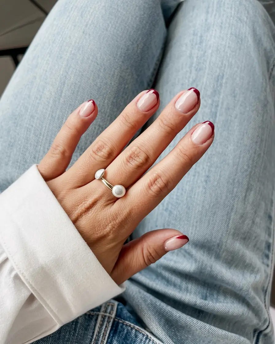 fall french tip nails 2025 Burgundy Petal Tips