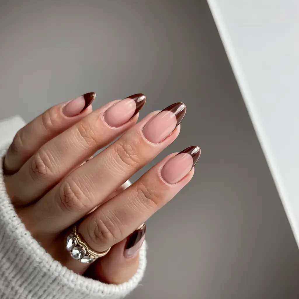 fall french tip nails 2025 Glossy Mocha Taper