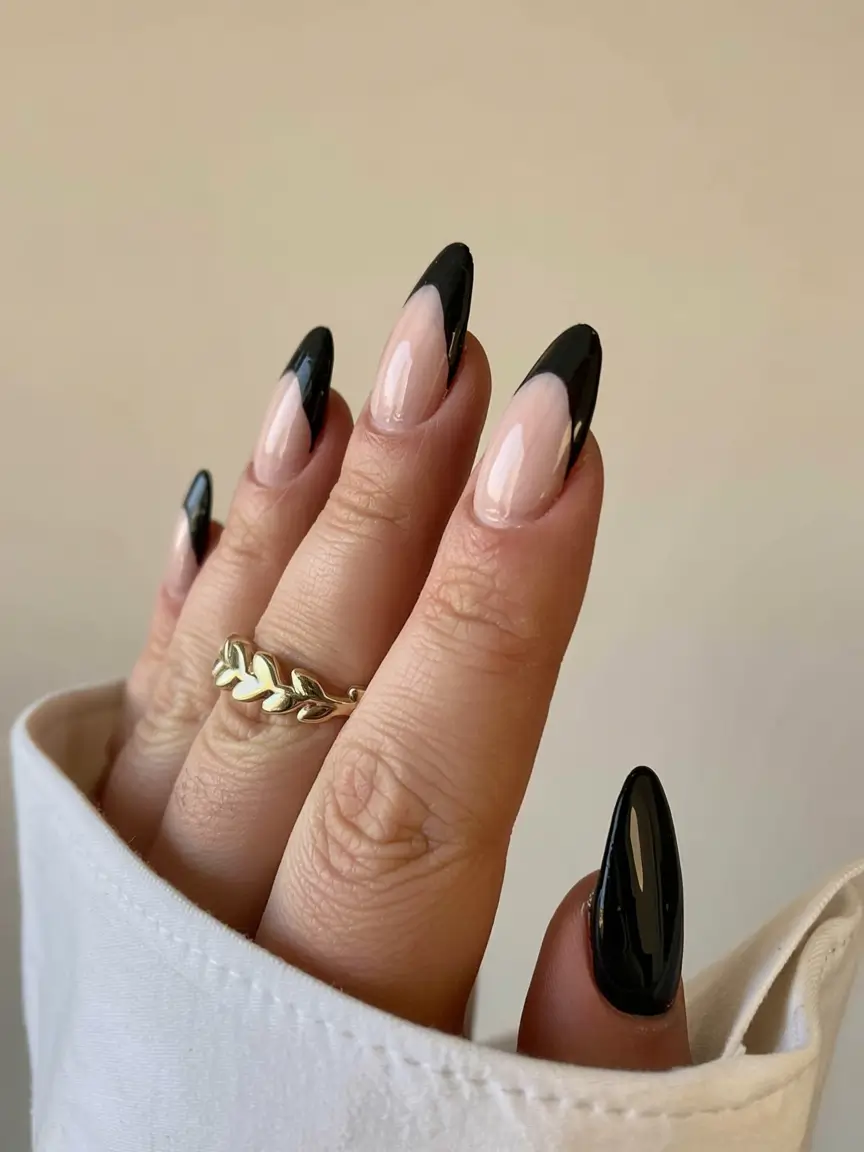 fall french tip nails 2025 Black Satin Drama