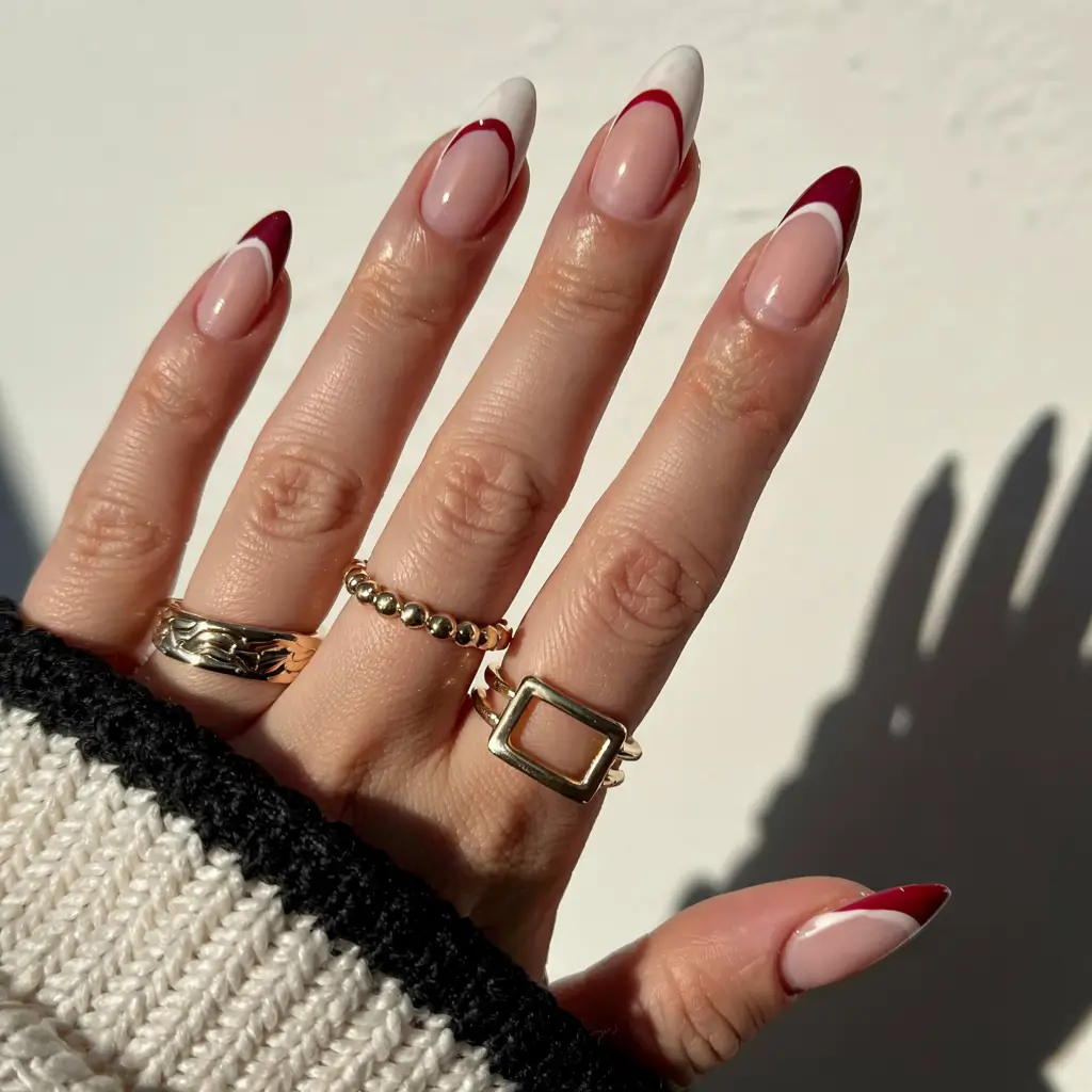 fall french tip nails 2025 Cherry & Snow Swirl