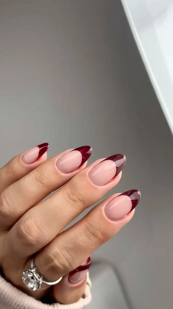 fall french tip nails 2025 Deep Merlot Drama