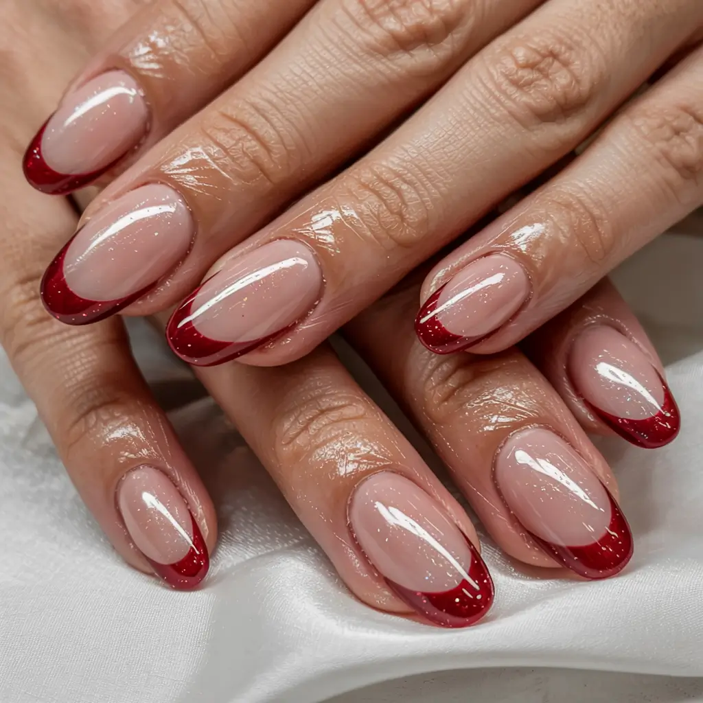 fall french tip nails 2025 Crimson Sparkle Curve