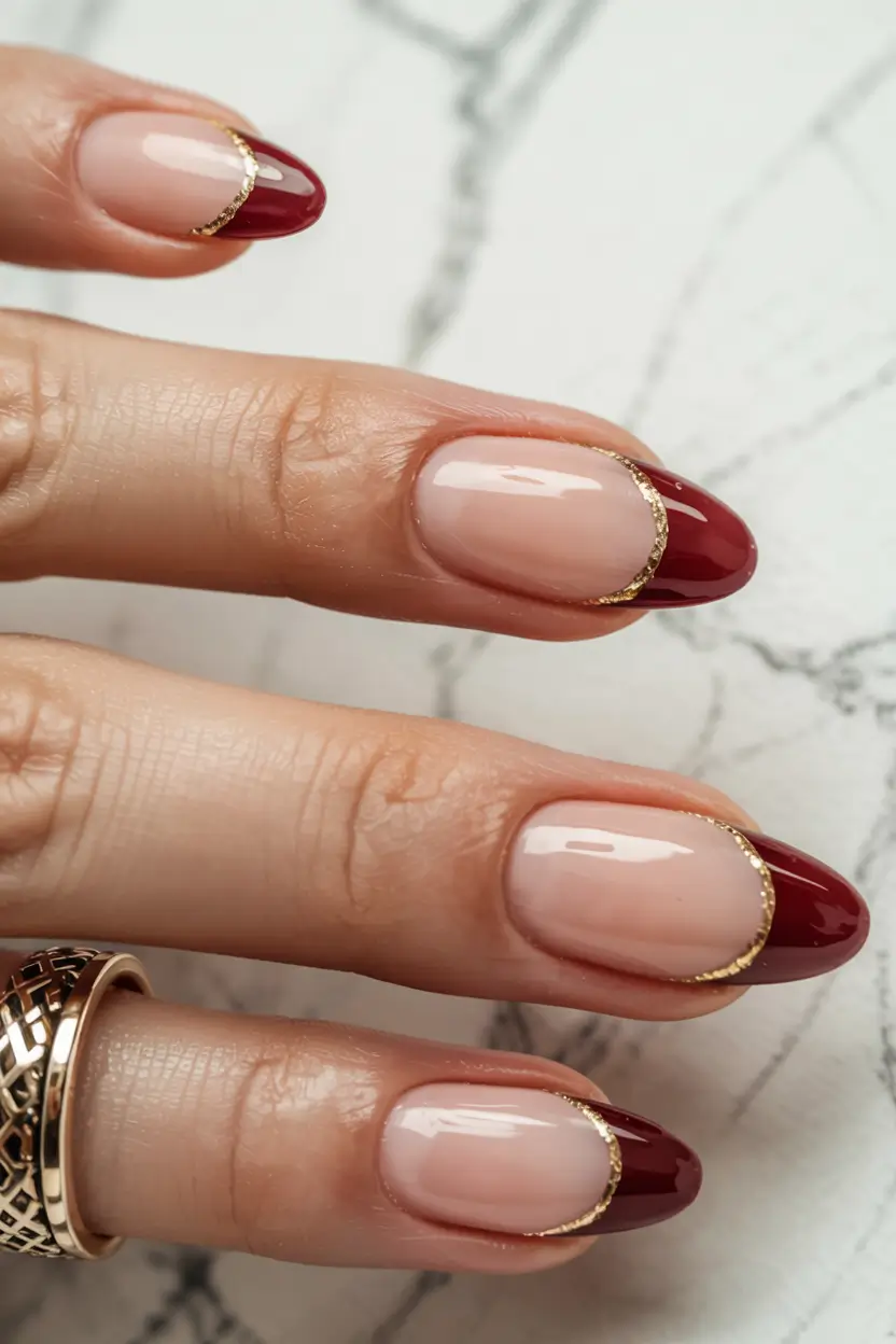 fall french tip nails 2025 Crimson Drama with a Golden Edge