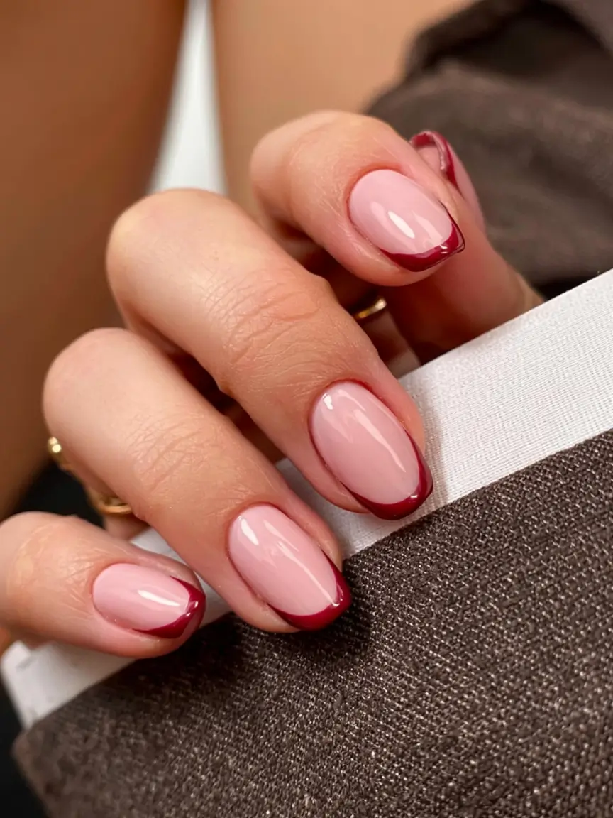 fall french tip nails 2025 Subtle Burgundy Sweep