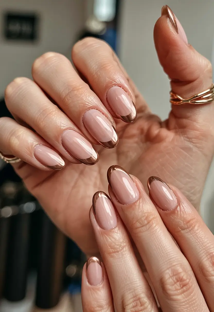 fall french tip nails 2025 Bronzed Metallic Accents