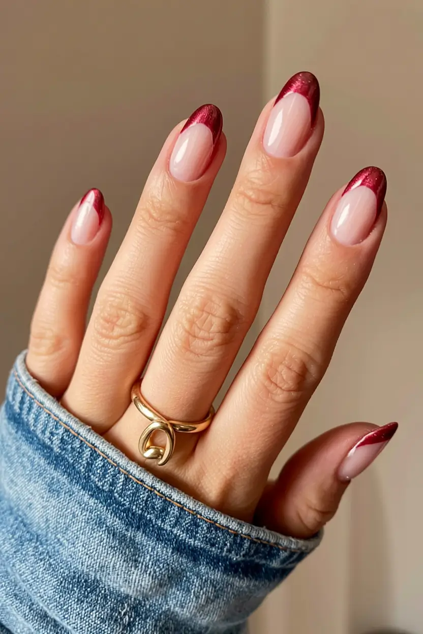 fall french tip nails 2025 Velvet Red Elegance