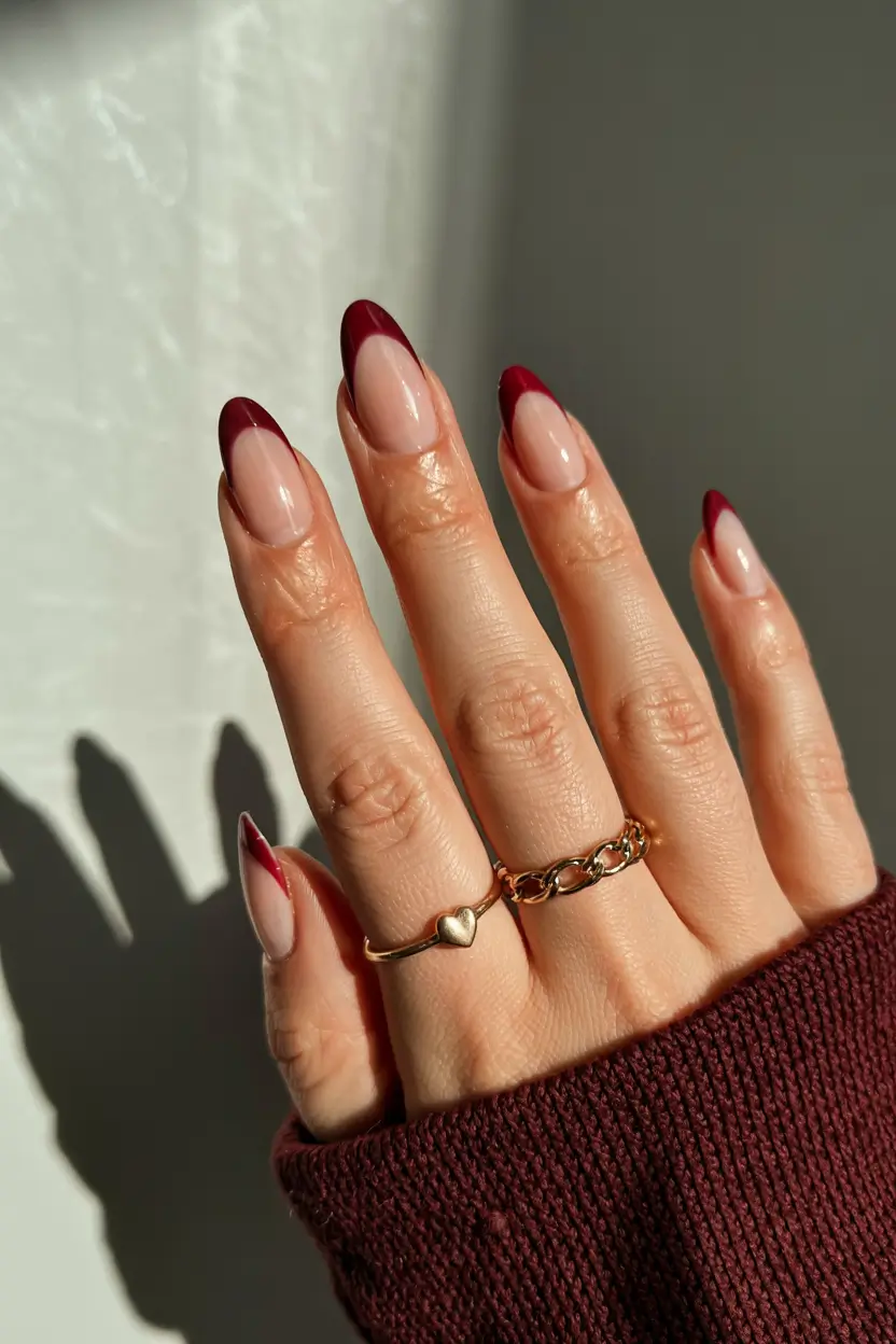 fall french tip nails 2025 Sunlit Burgundy Chic