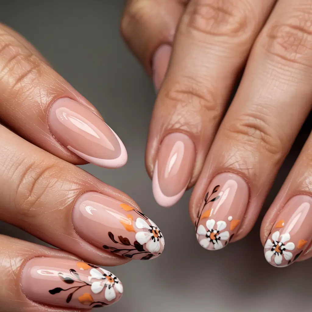 fall french tip nails 2025 Blush Petals and Autumn Blooms