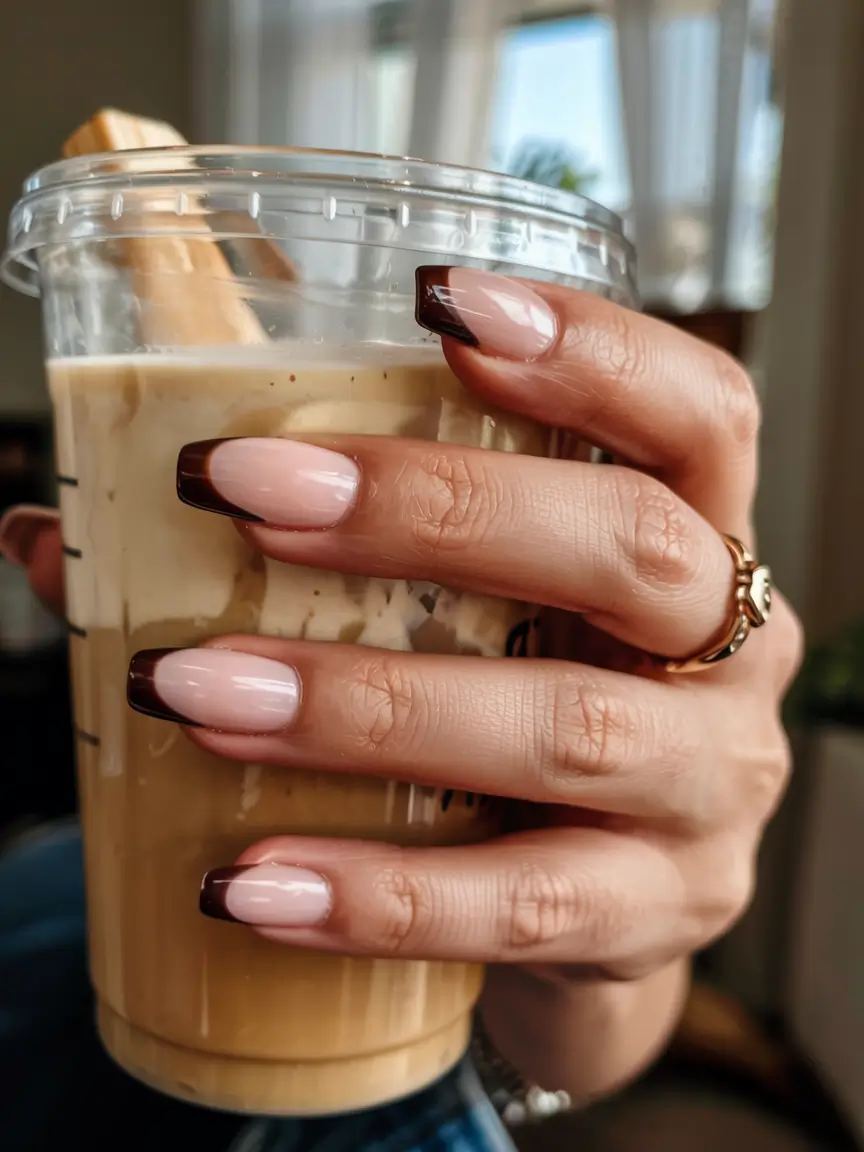 fall french tip nails 2025 Café au Lait Square