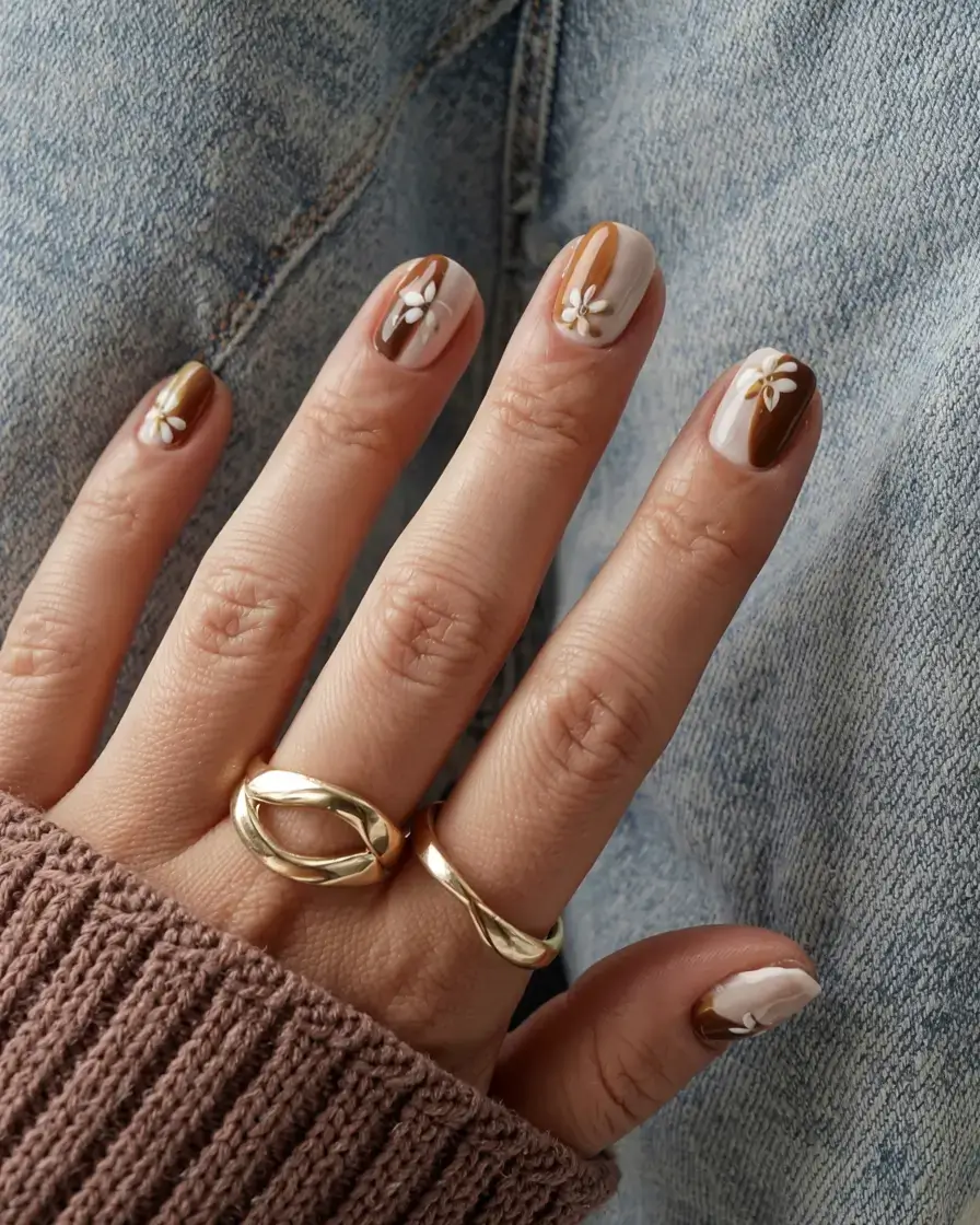fall gel nails designs 2025 Striped Earth Tones & Tiny Florals