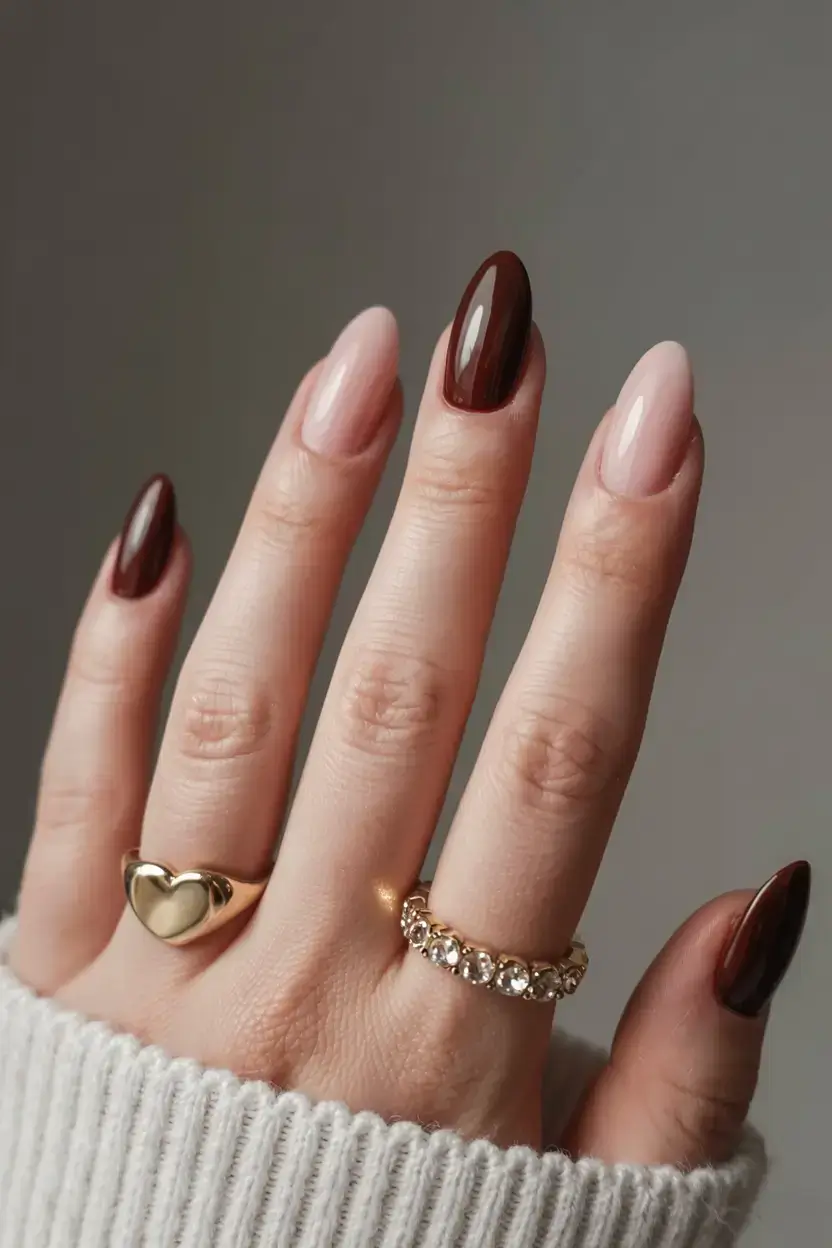 fall gel nails designs 2025 Almond Tips in Blush & Merlot