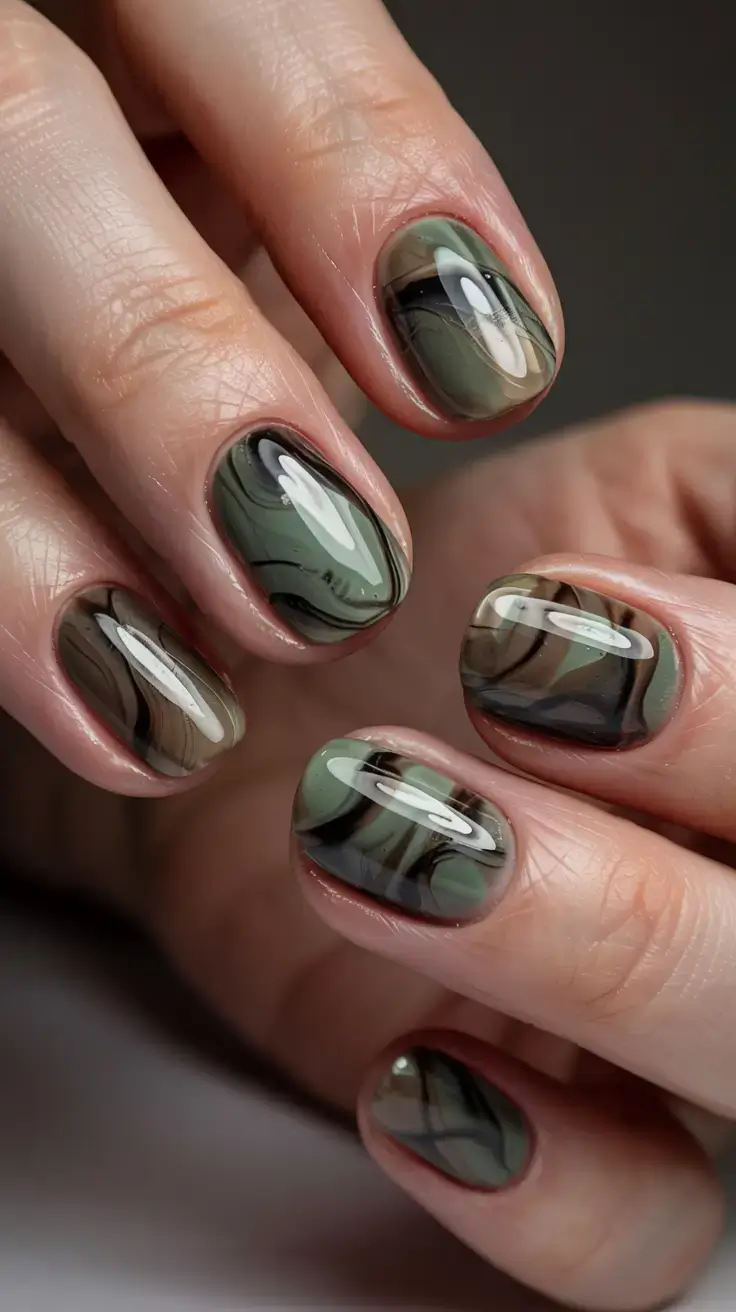 fall gel nails designs 2025 Forest Marble With a Smoky Swirl