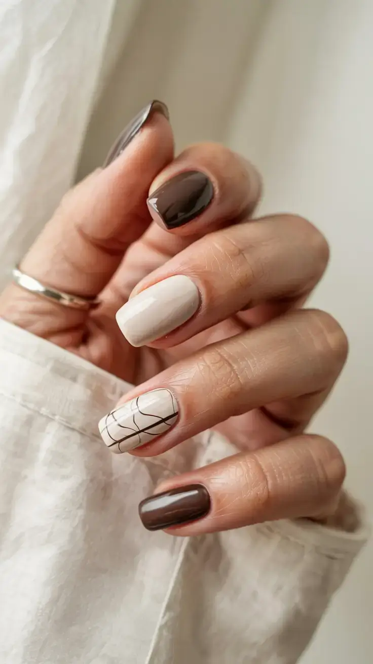 fall gel nails designs 2025 Graphite Lines on Taupe & Cocoa
