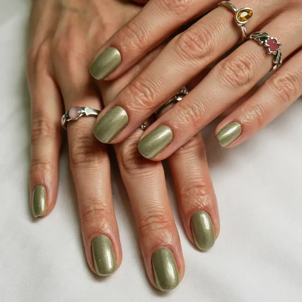 fall gel nails designs 2025 Shimmering Sage for Subtle Glam
