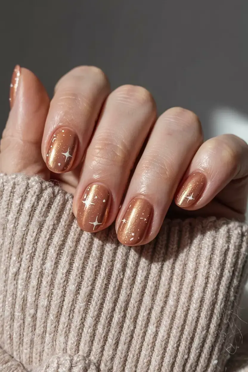 fall gel nails designs 2025 Copper Stardust With Celestial Spark