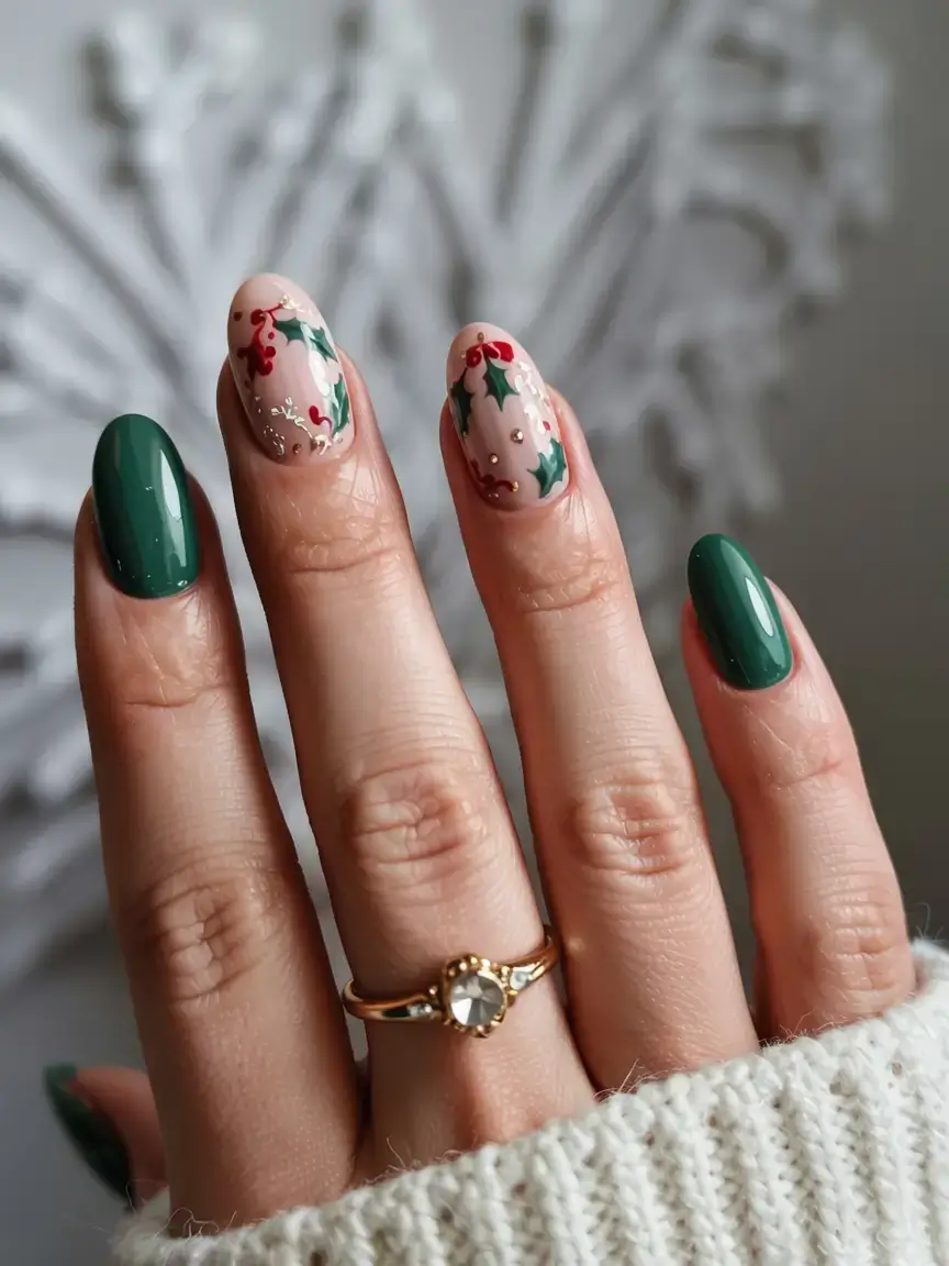 fall gel nails designs 2025 Evergreen Holly for Late Fall