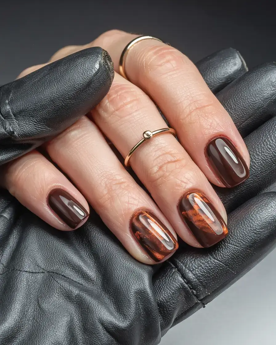 fall gel nails designs 2025 Glossy Cocoa with Burnt Amber Accents
