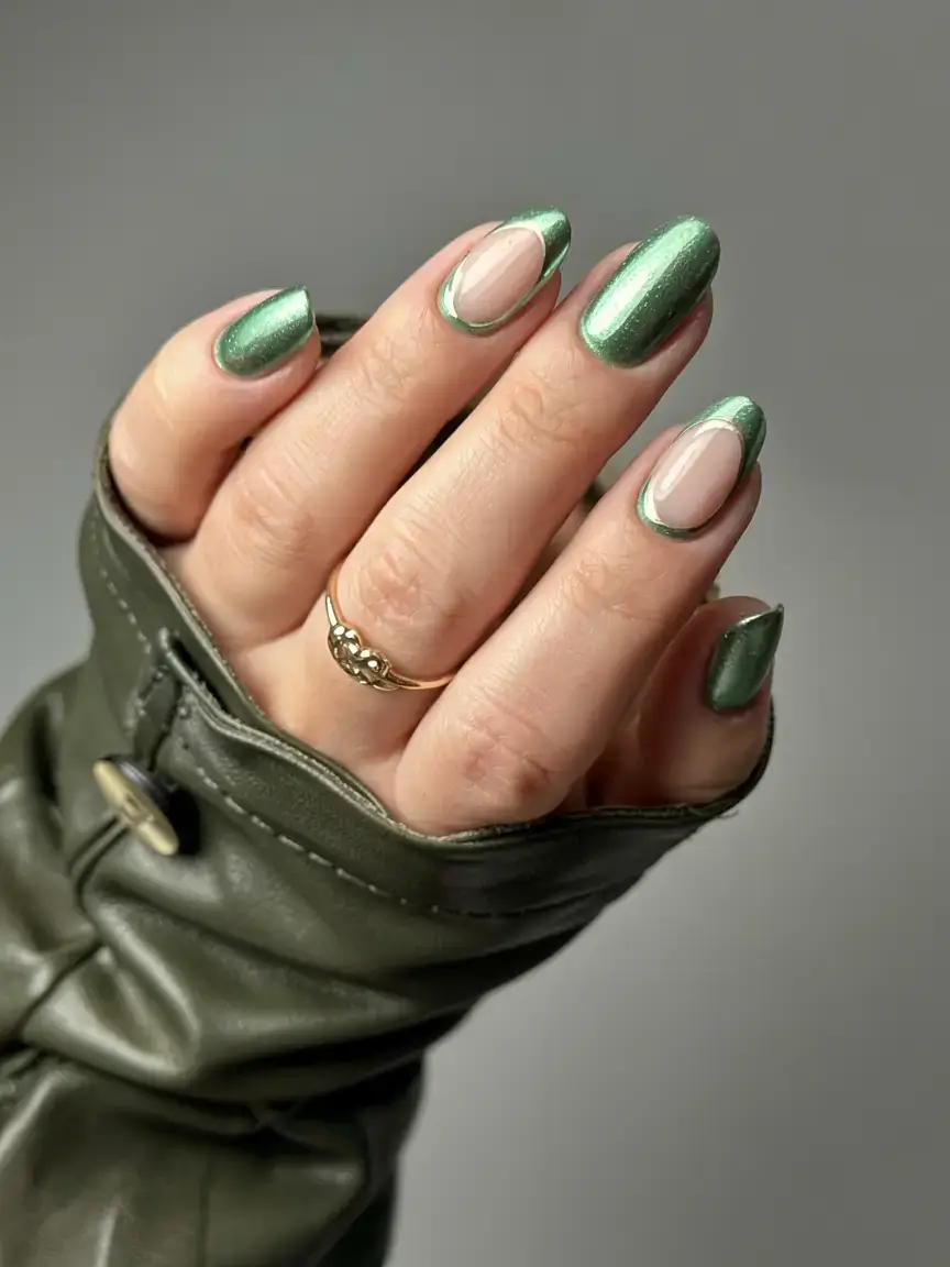 fall gel nails designs 2025 Metallic Olive Reverse French