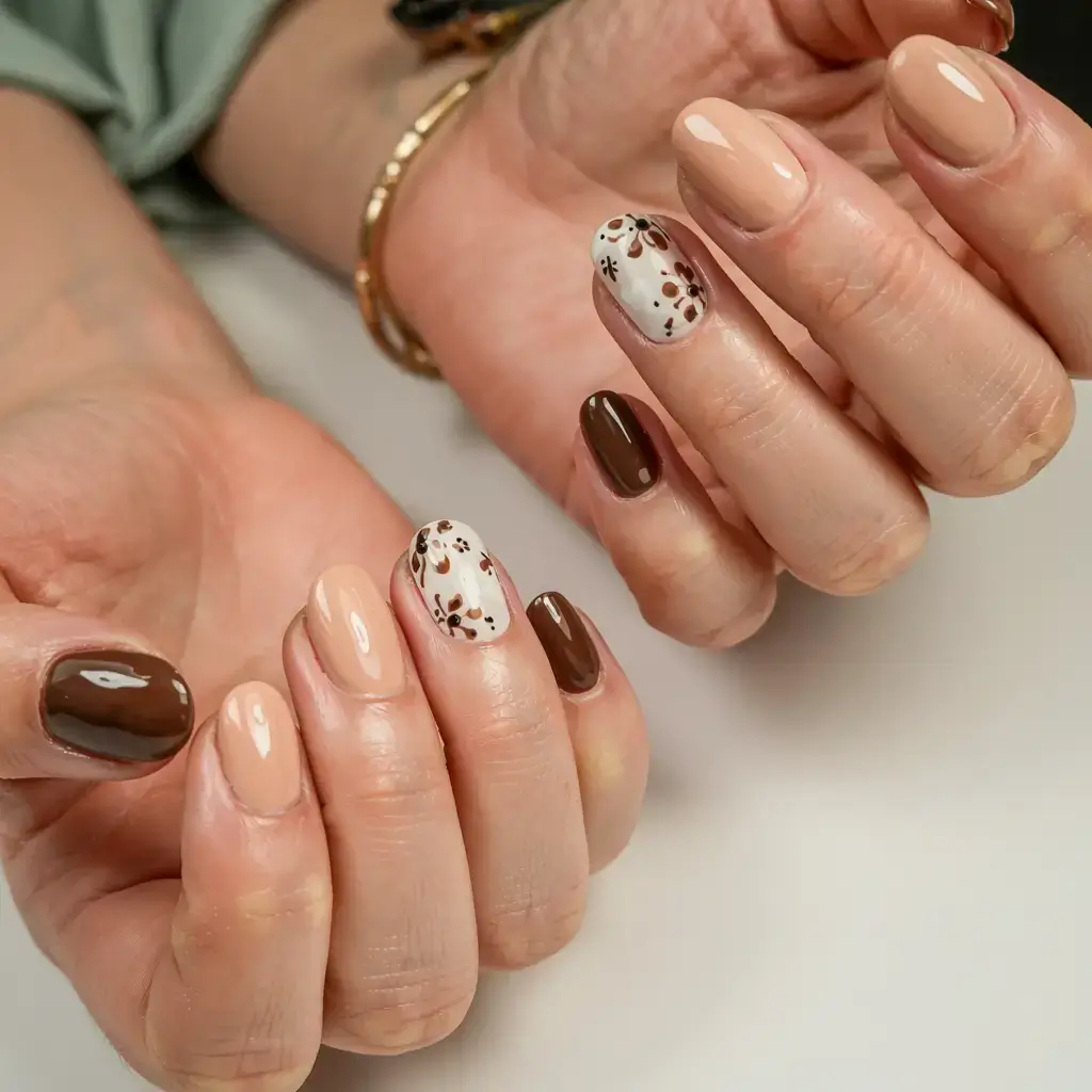 fall gel nails designs 2025 Mocha Cream With Tiny Flower Accents